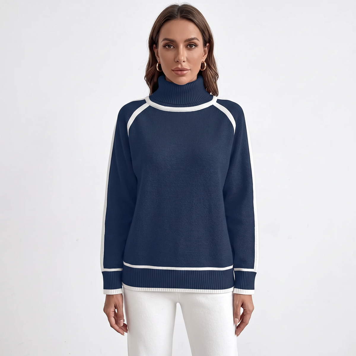 Women's Turtleneck Winter Sweater Contrast Trim Raglan Sleeve Pullover