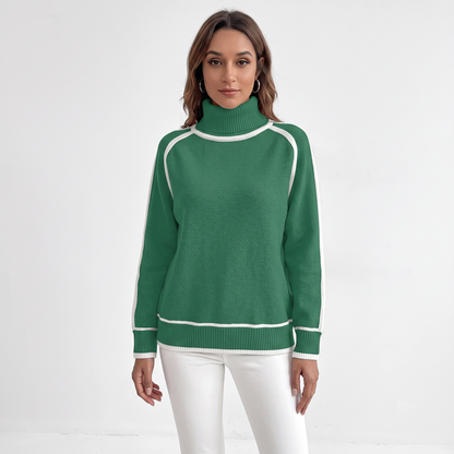 Women's Turtleneck Winter Sweater Contrast Trim Raglan Sleeve Pullover