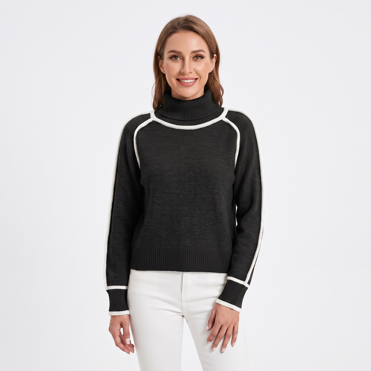 Women's Turtleneck Winter Sweater Contrast Trim Raglan Sleeve Pullover