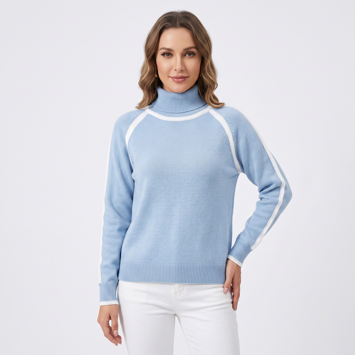 Women's Turtleneck Winter Sweater Contrast Trim Raglan Sleeve Pullover
