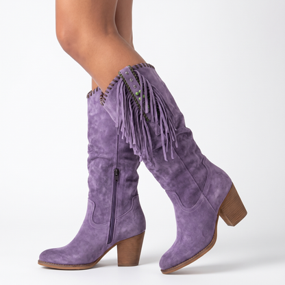 Women's Fringe Knee-High Winter Boots Chunky Block Heel Suede Western Style