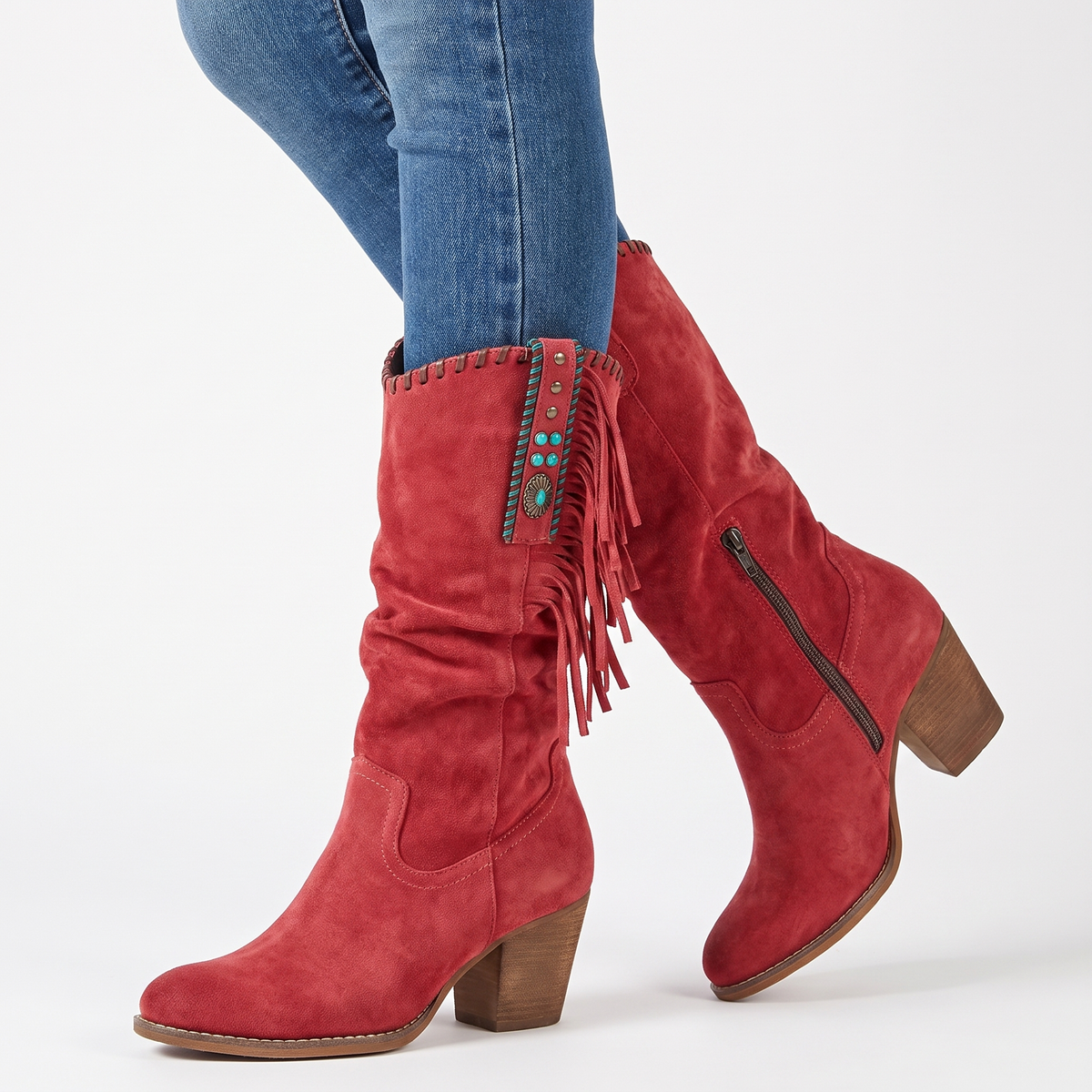 Women's Fringe Knee-High Winter Boots Chunky Block Heel Suede Western Style