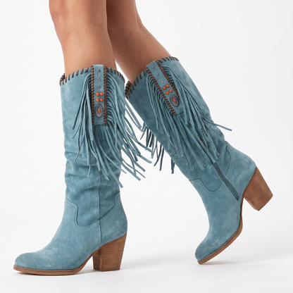 Women's Fringe Knee-High Winter Boots Chunky Block Heel Suede Western Style