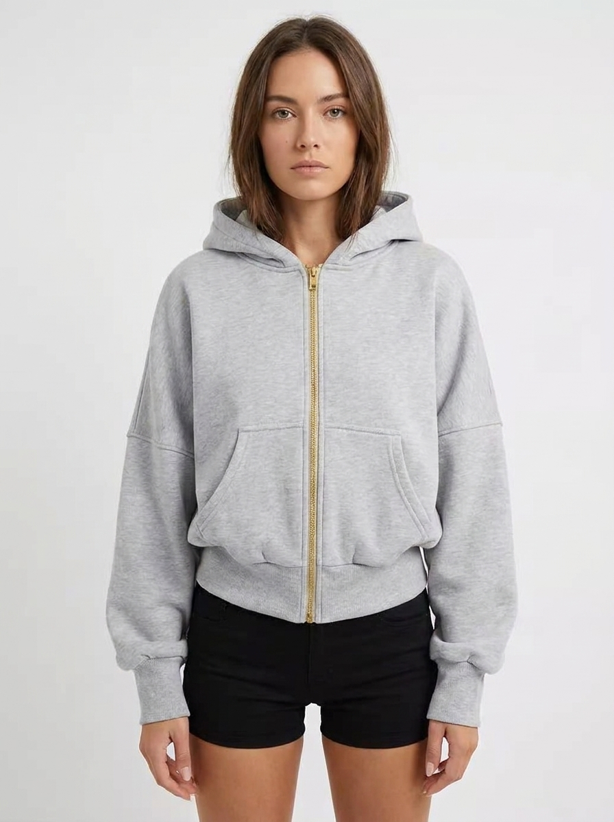 Women's Cropped Zip-Up Hoodie Oversized Fleece Autumn Jacket