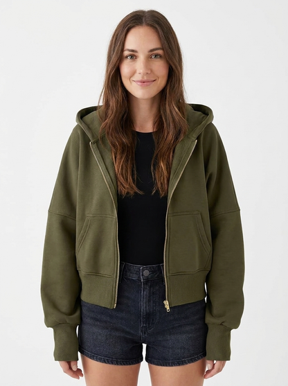 Women's Cropped Zip-Up Hoodie Oversized Fleece Autumn Jacket