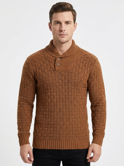 Men's Shawl Collar Winter Sweater Textured Knit Button Pullover