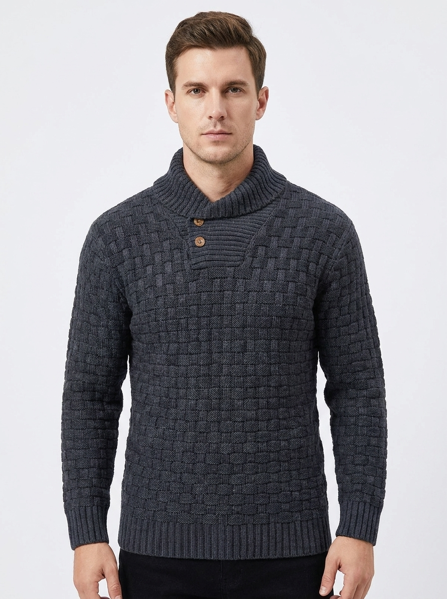 Men's Shawl Collar Winter Sweater Textured Knit Button Pullover