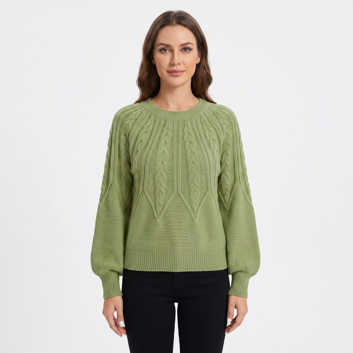 Women's Chunky Cable Knit Winter Sweater Balloon Sleeve Crew-Neck Pullover