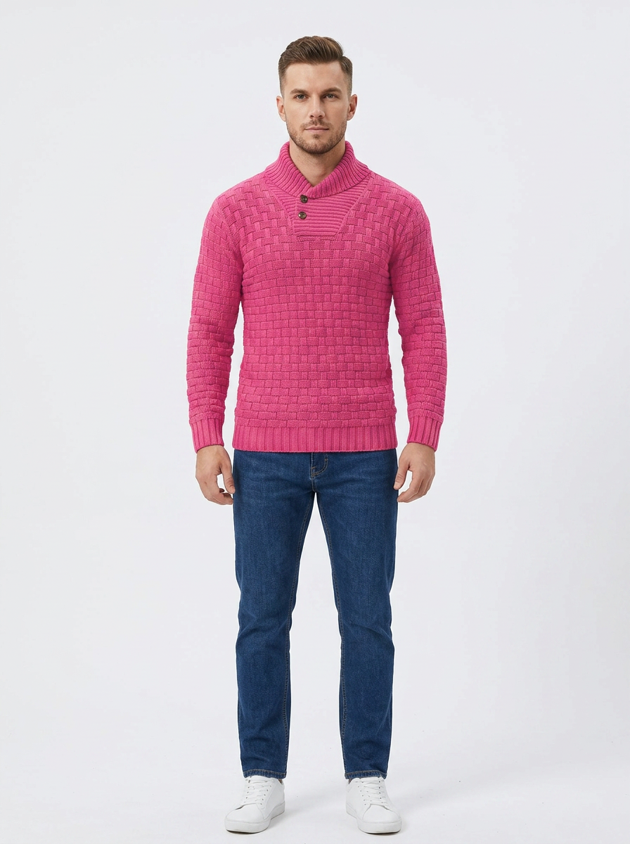 Men's Shawl Collar Winter Sweater Textured Knit Button Pullover