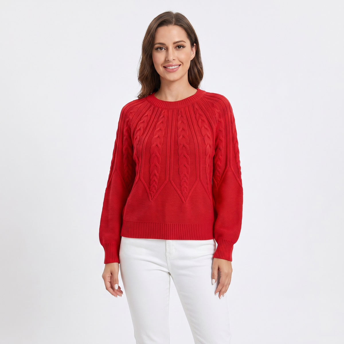 Women's Chunky Cable Knit Winter Sweater Balloon Sleeve Crew-Neck Pullover