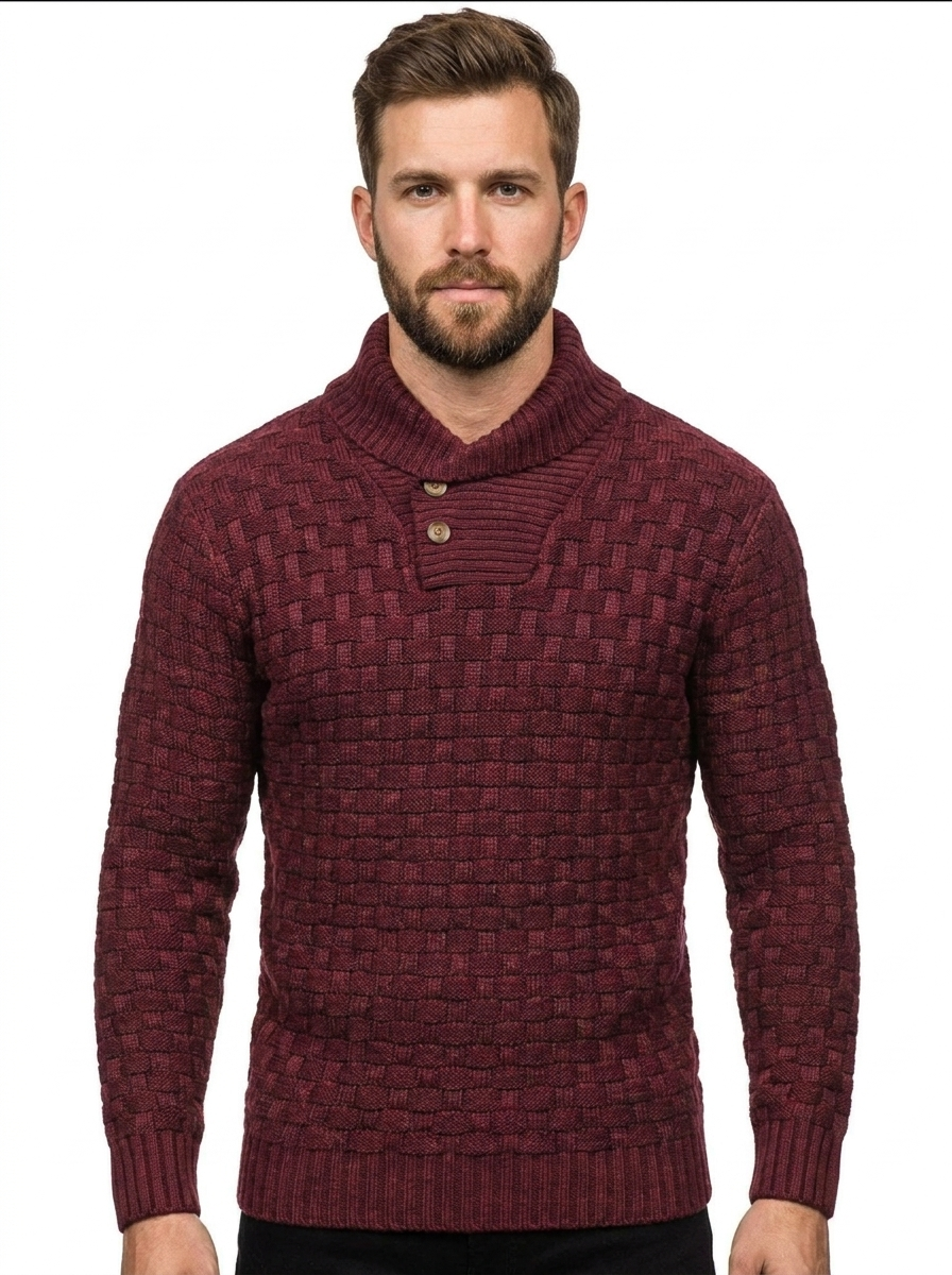 Men's Shawl Collar Winter Sweater Textured Knit Button Pullover