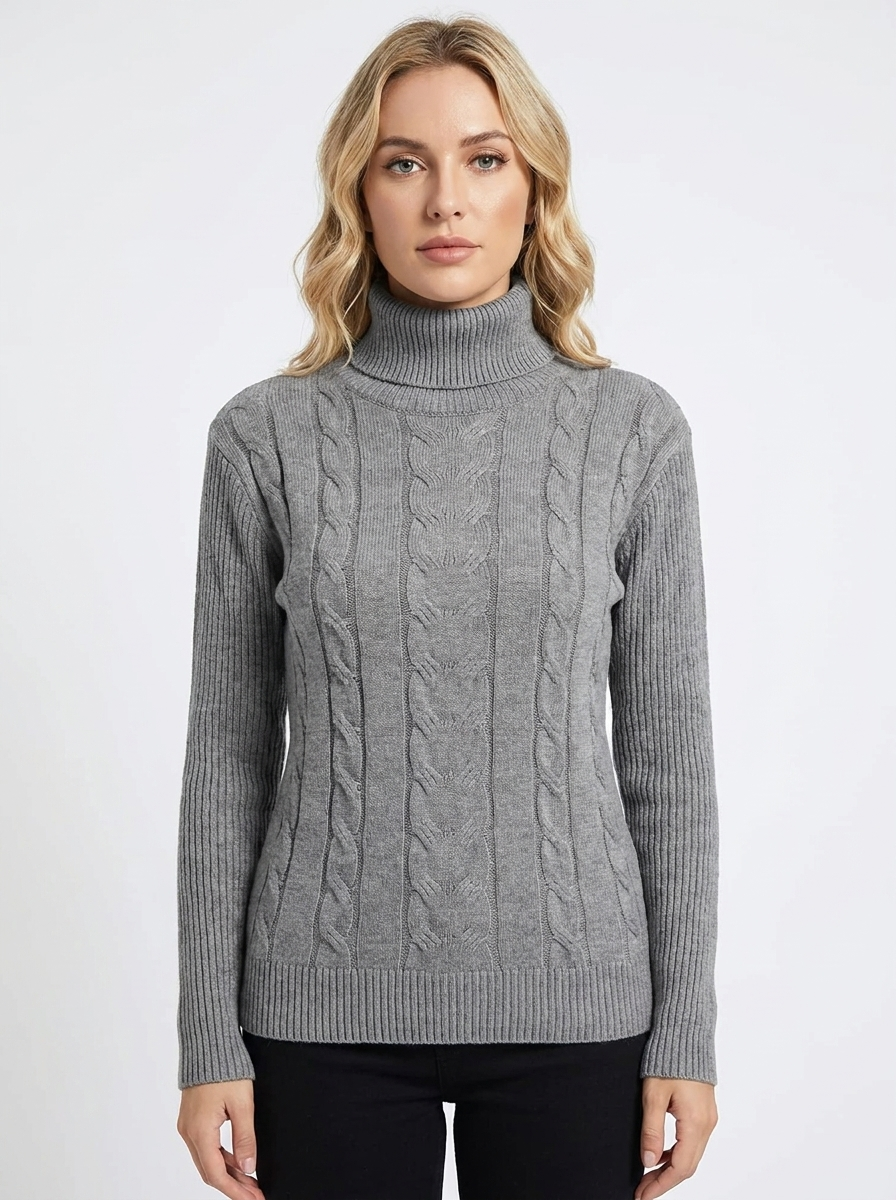Women's Cable Knit Turtleneck Winter Sweater Slim-Fit Ribbed Pullover