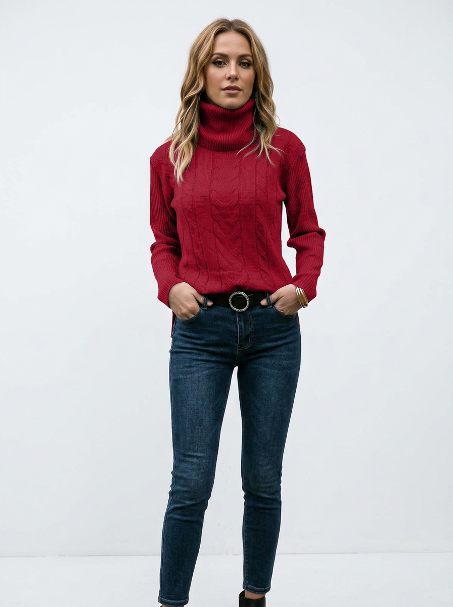 Women's Cable Knit Turtleneck Winter Sweater Slim-Fit Ribbed Pullover