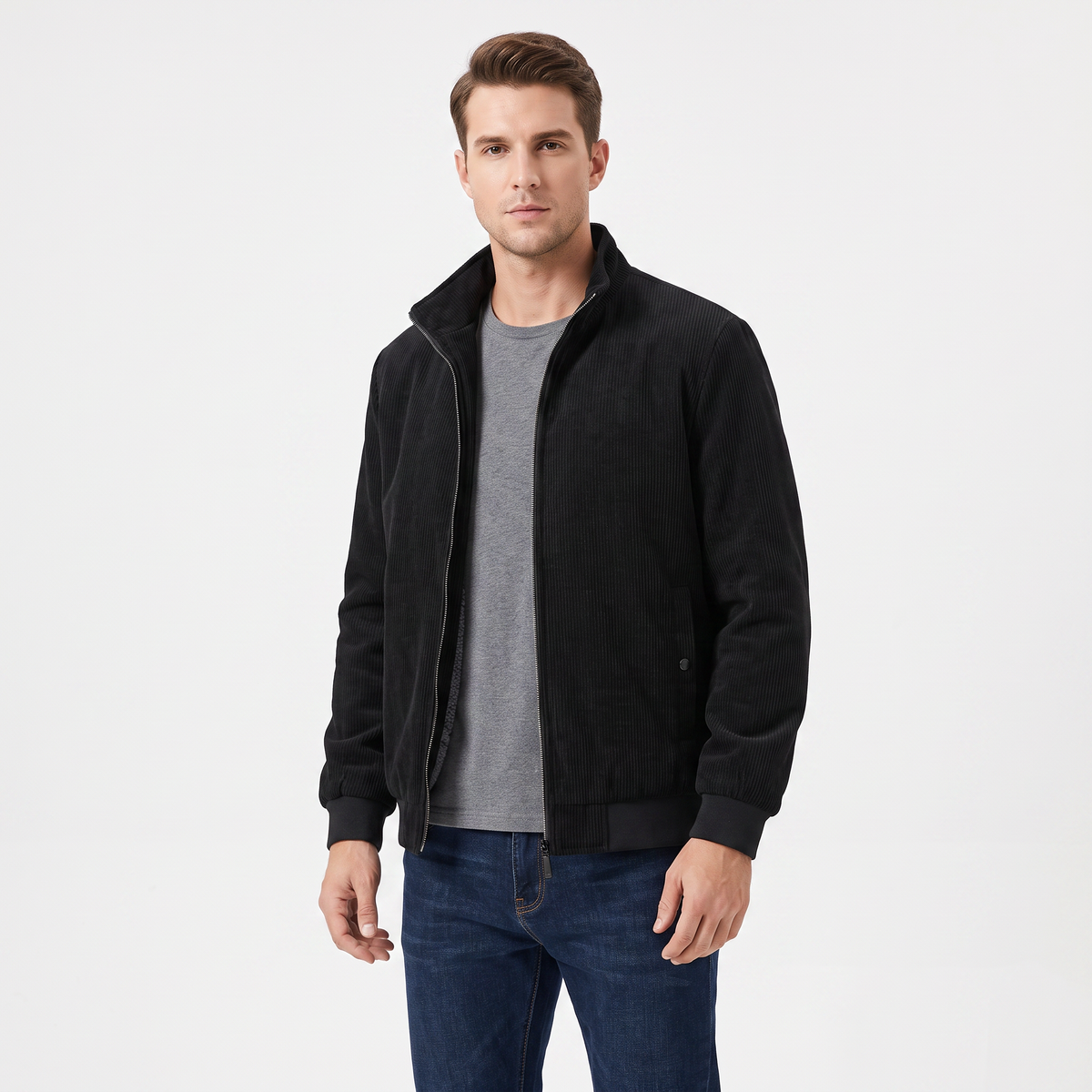 Men's Corduroy Jacket Fleece Lined Stand Collar Winter Autumn Coat