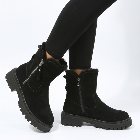 Women's Fur-Trim Ankle Chunky Sole Suede Winter Boots