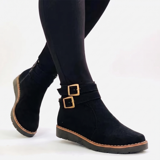 Women's Buckle Ankle Winter Boots Suede Flat Sole Booties
