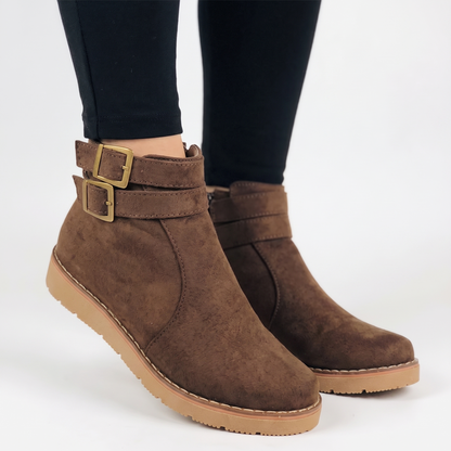 Women's Buckle Ankle Winter Boots Suede Flat Sole Booties