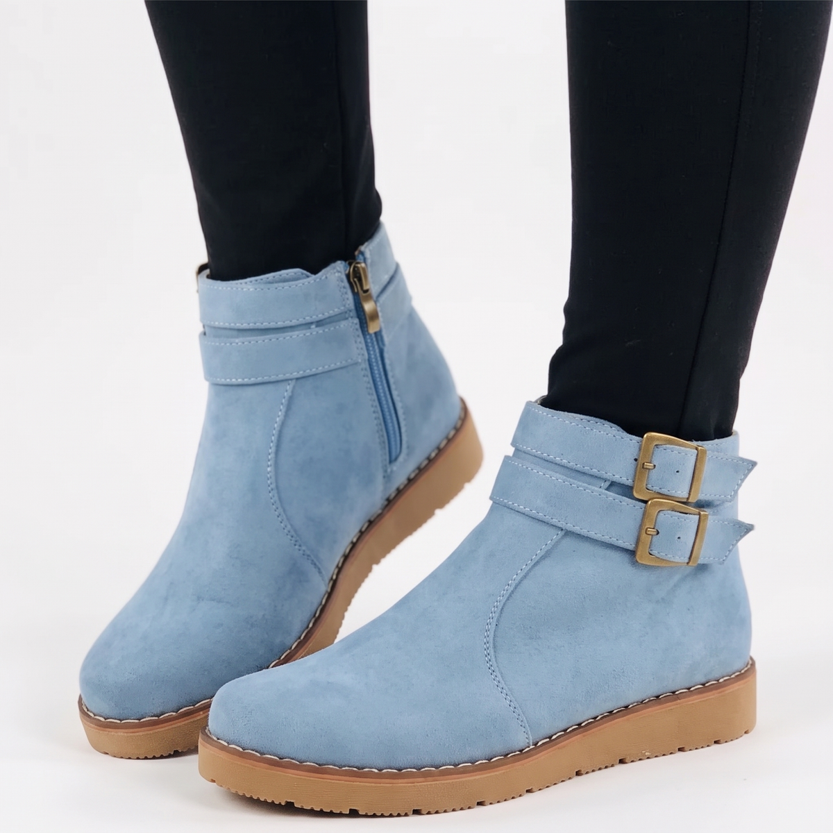 Women's Buckle Ankle Winter Boots Suede Flat Sole Booties