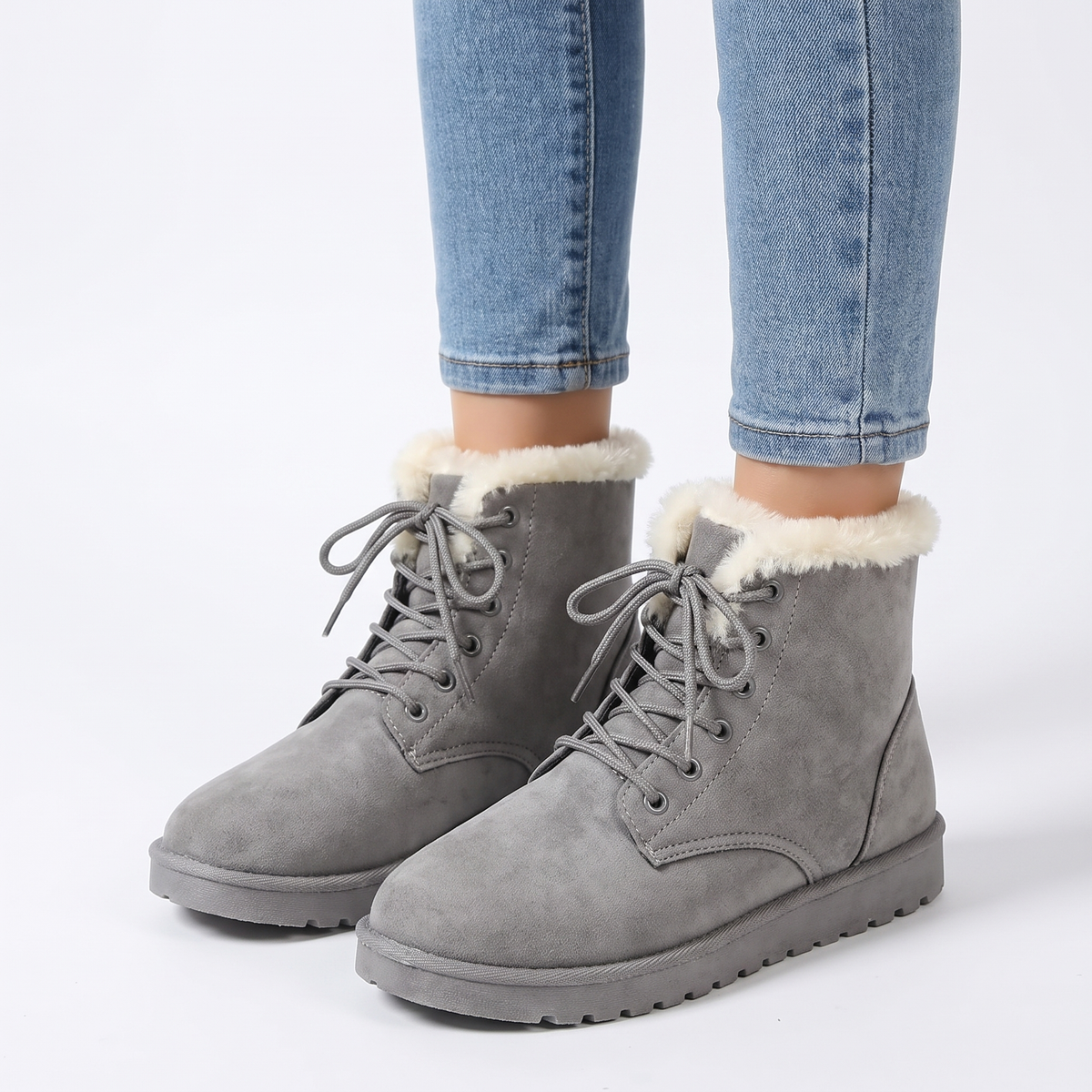 Women's Fur-Lined Snow Lace-Up Flat Winter Ankle Boots