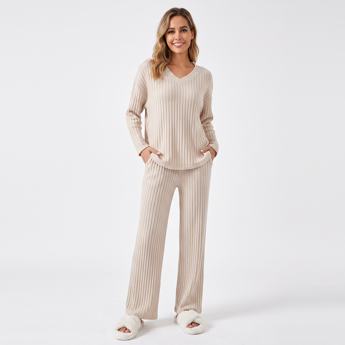 Women's Ribbed Knit Loungewear Set V-Neck Top and Pants