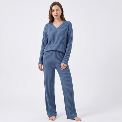 Women's Ribbed Knit Loungewear Set V-Neck Top and Pants