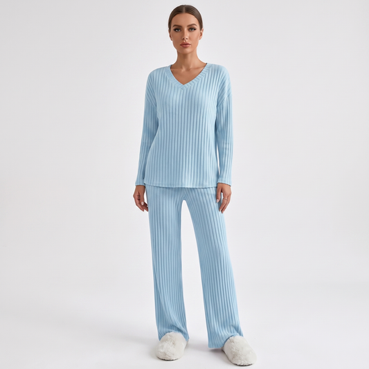 Conjunto de punto acanalado para estar por casa, top de cuello en V y pantalones