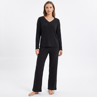 Women's Ribbed Knit Loungewear Set V-Neck Top and Pants