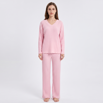 Women's Ribbed Knit Loungewear Set V-Neck Top and Pants