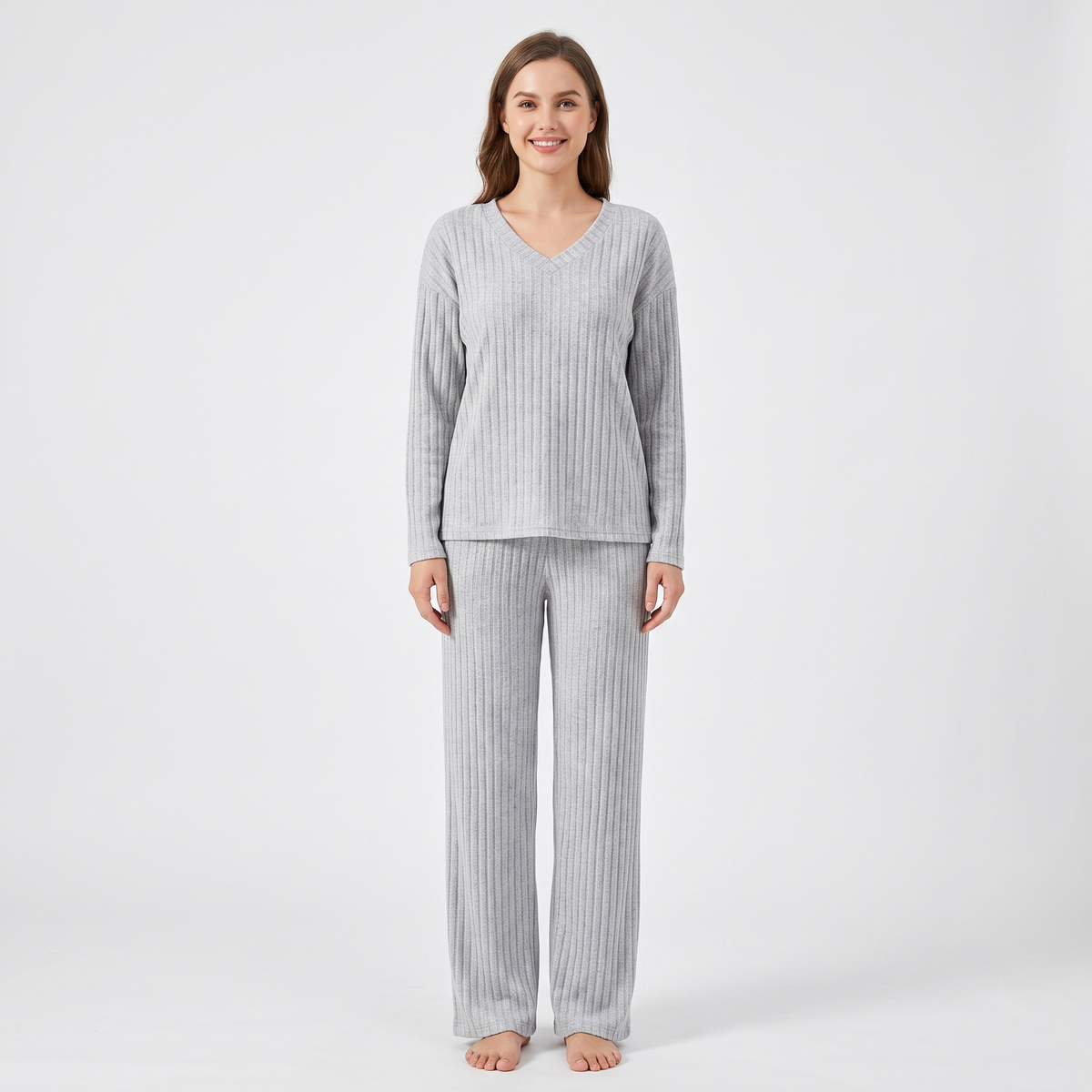 Women's Ribbed Knit Loungewear Set V-Neck Top and Pants