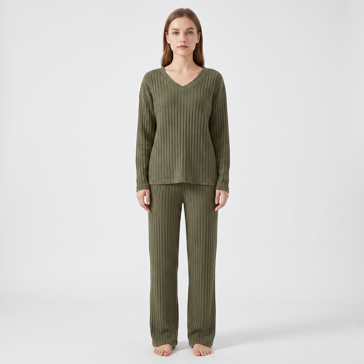 Women's Ribbed Knit Loungewear Set V-Neck Top and Pants