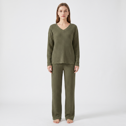 Women's Ribbed Knit Loungewear Set V-Neck Top and Pants