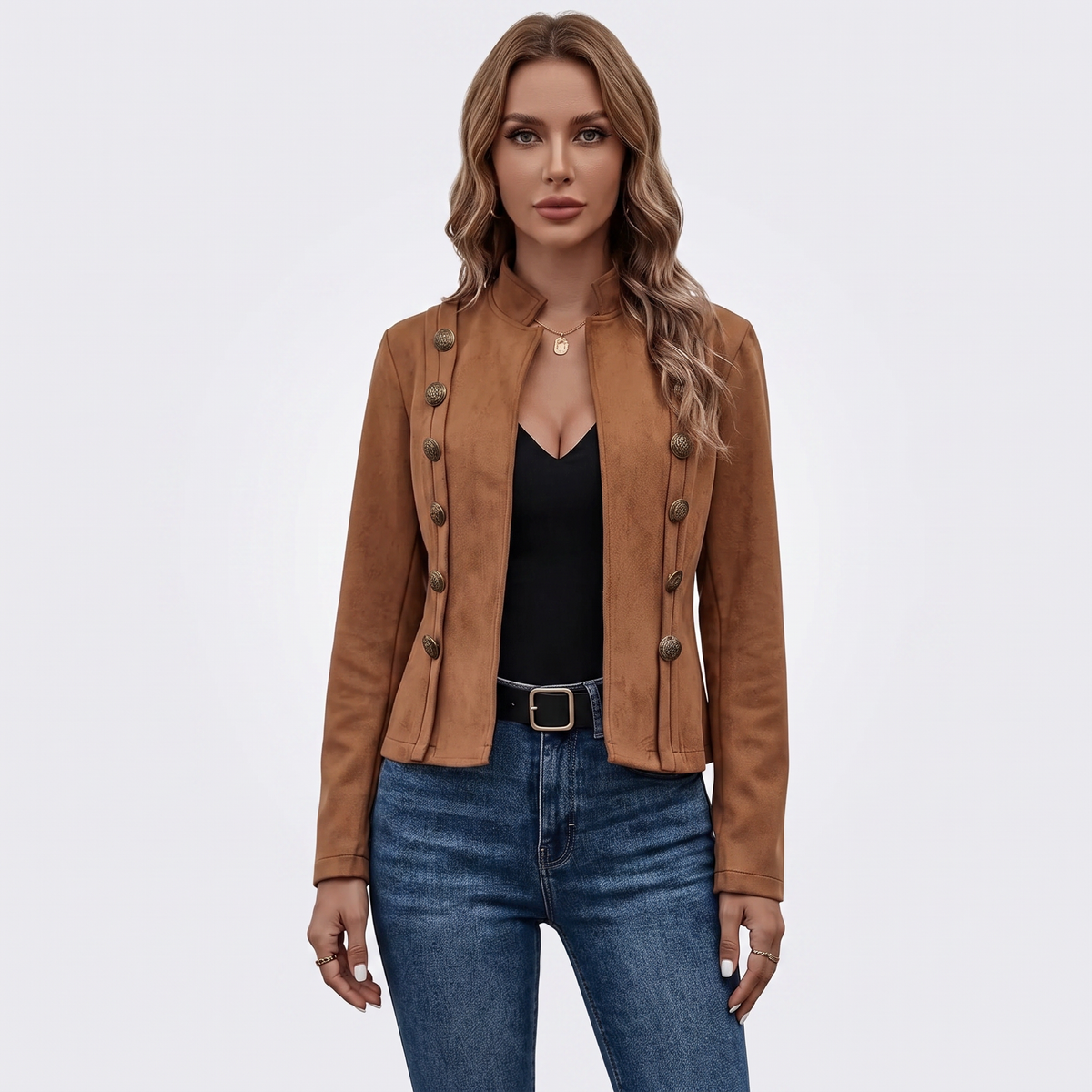 Women's Military Style Blazer Stand Collar Fitted Autumn Jacket