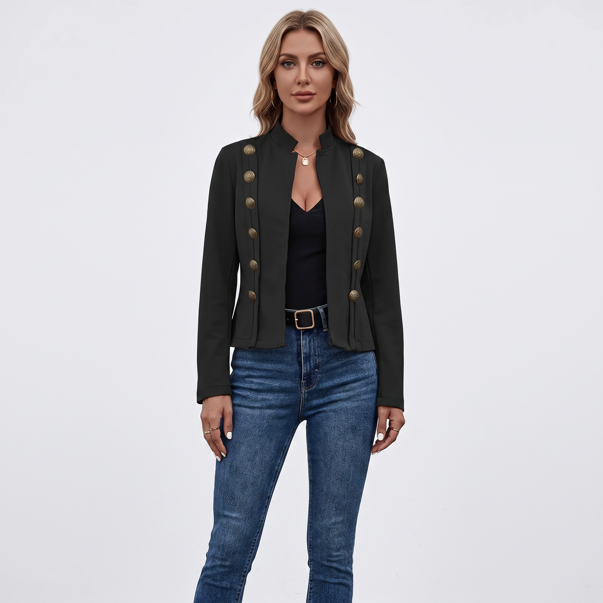 Women's Military Style Blazer Stand Collar Fitted Autumn Jacket