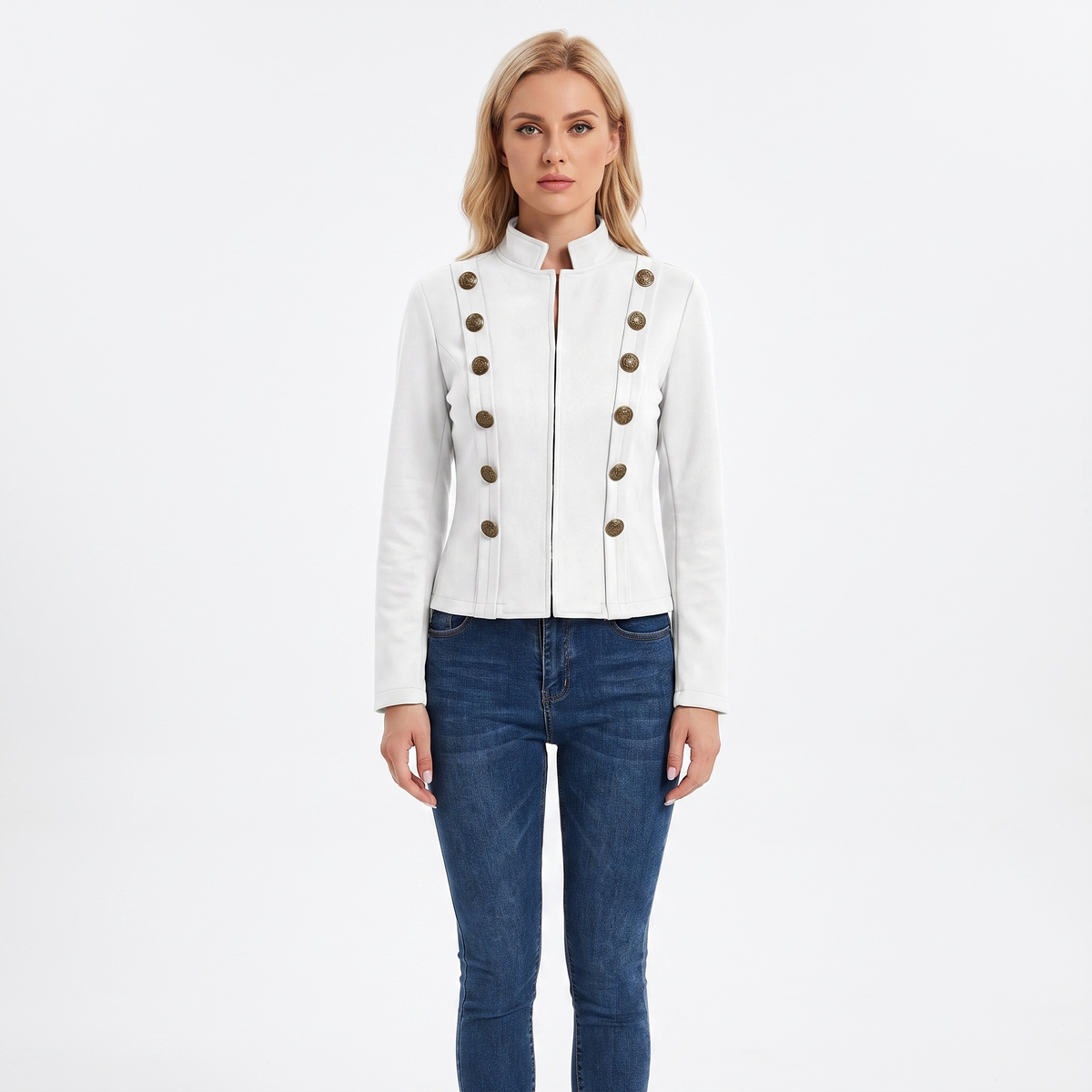 Women's Military Style Blazer Stand Collar Fitted Autumn Jacket