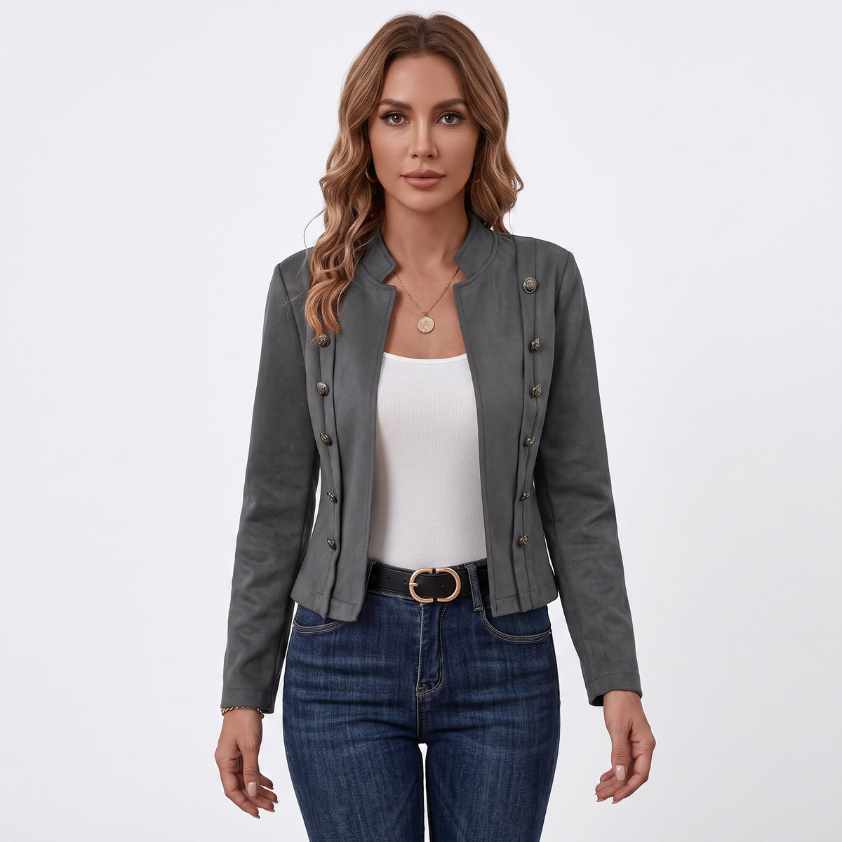 Women's Military Style Blazer Stand Collar Fitted Autumn Jacket
