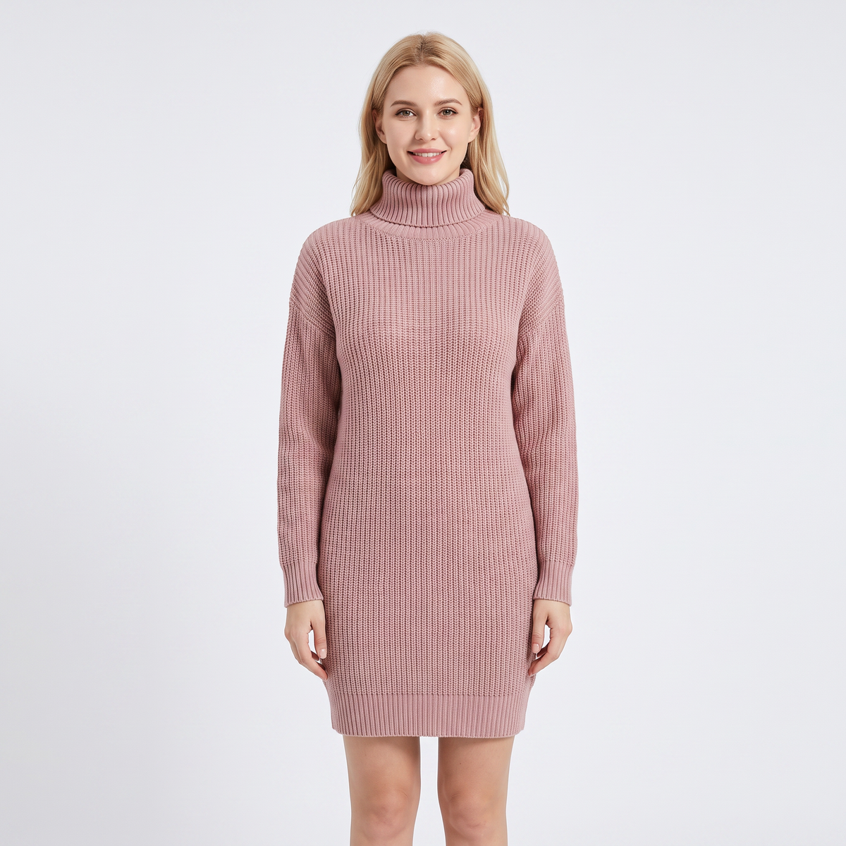 Women's Ribbed Knit Sweater Mock-Neck Mini Winter Dress