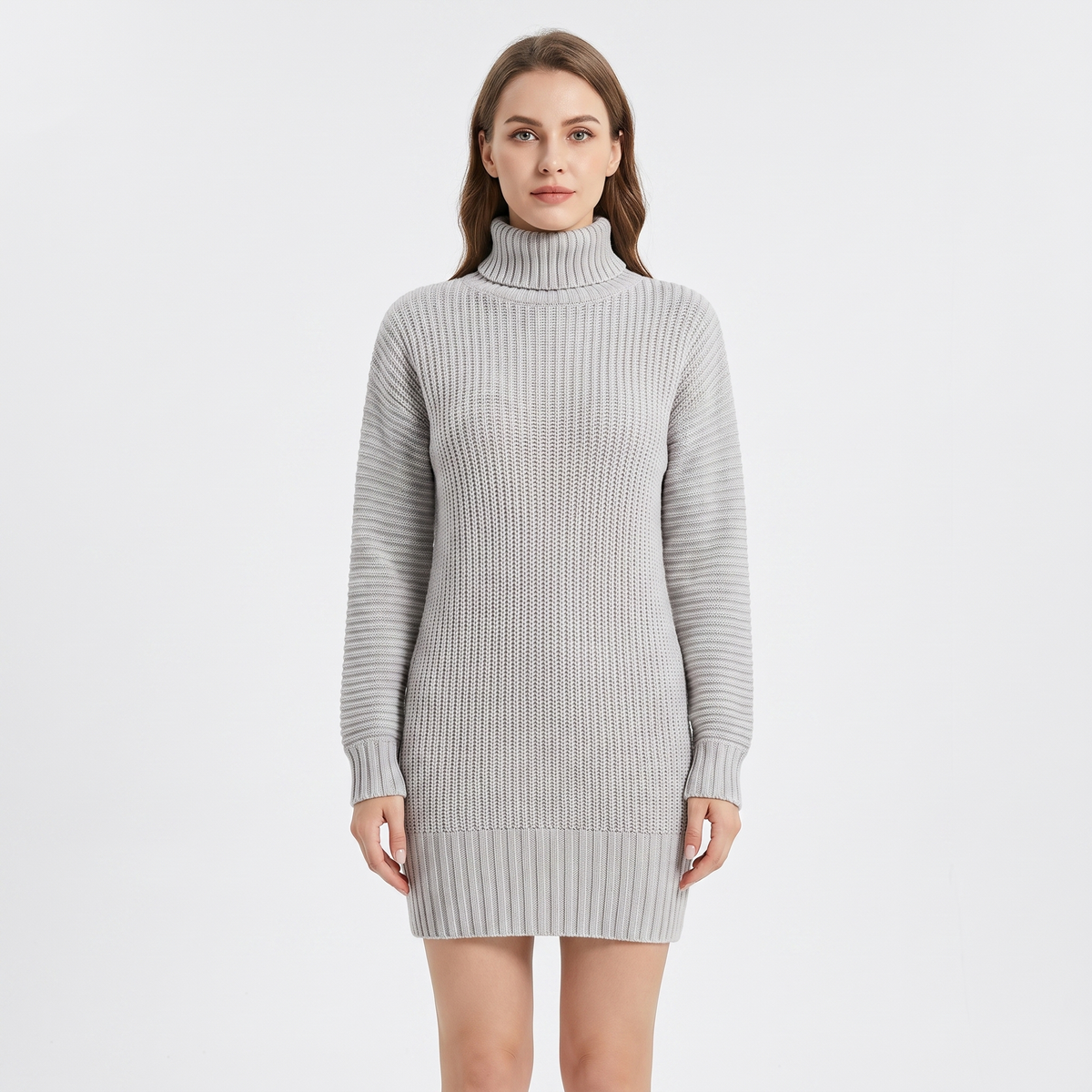 Women's Ribbed Knit Sweater Mock-Neck Mini Winter Dress