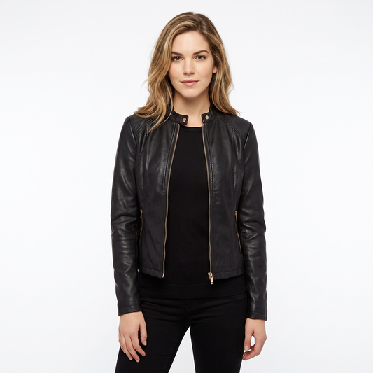 Women's Leather Moto Fitted Zip-Up Biker Autumn Jacket