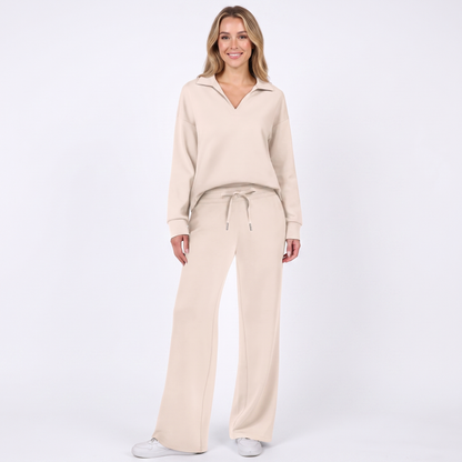 Women's Collared Top and Wide-Leg Pants Two-Piece Set