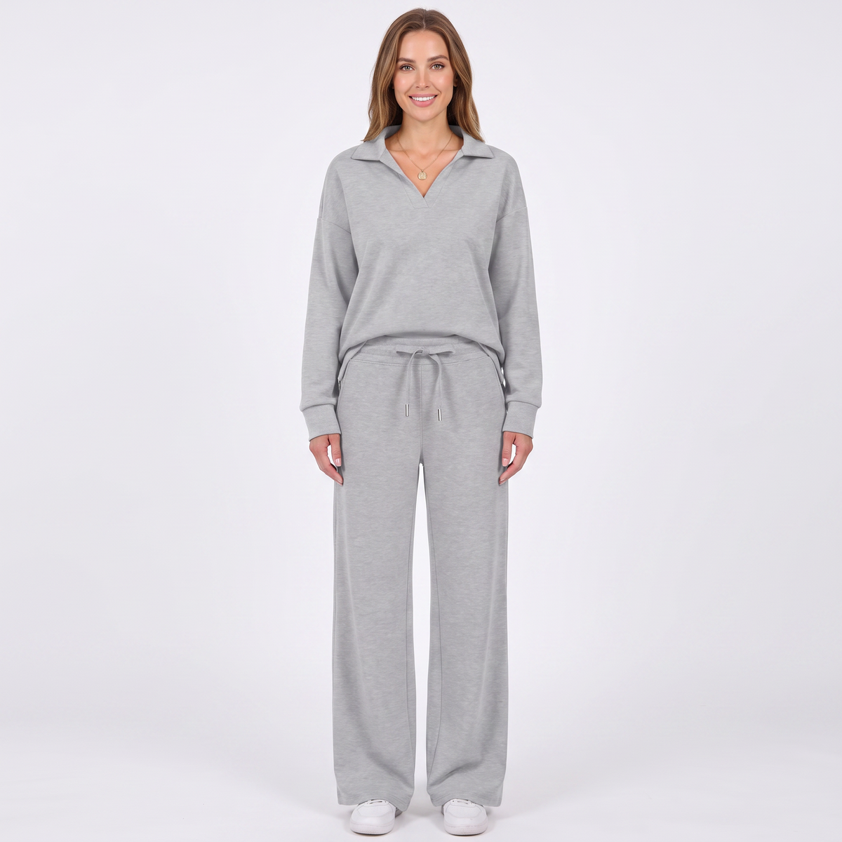 Women's Collared Top and Wide-Leg Pants Two-Piece Set