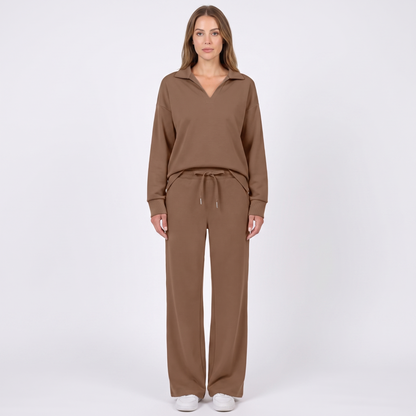 Women's Collared Top and Wide-Leg Pants Two-Piece Set