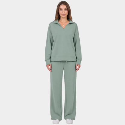 Women's Collared Top and Wide-Leg Pants Two-Piece Set
