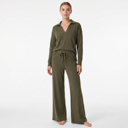 Women's Collared Top and Wide-Leg Pants Two-Piece Set