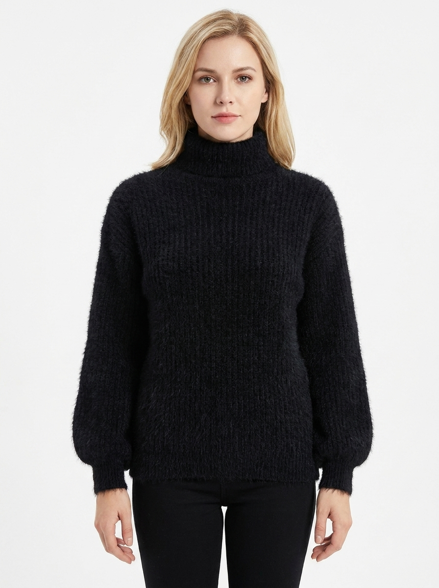 Women's Fuzzy Knit Mock-Neck Winter Sweater Balloon Sleeve Pullover