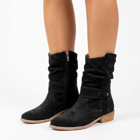 Women's Suede Slouchy Winter Boots Mid-Calf Low Block Heel
