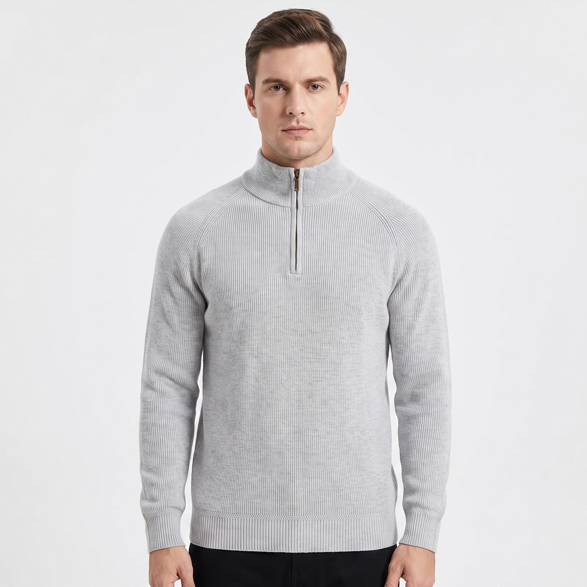 Men's Quarter-Zip Winter Sweater Ribbed Knit Contrast Collar Pullover