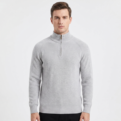 Men's Quarter-Zip Winter Sweater Ribbed Knit Contrast Collar Pullover