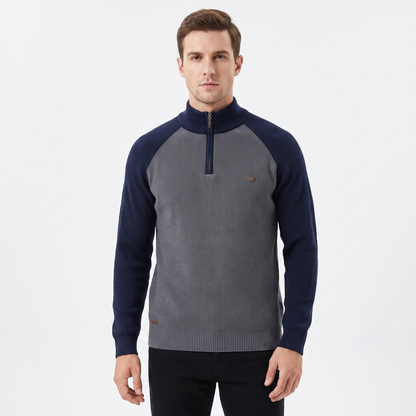 Men's Quarter-Zip Winter Sweater Ribbed Knit Contrast Collar Pullover
