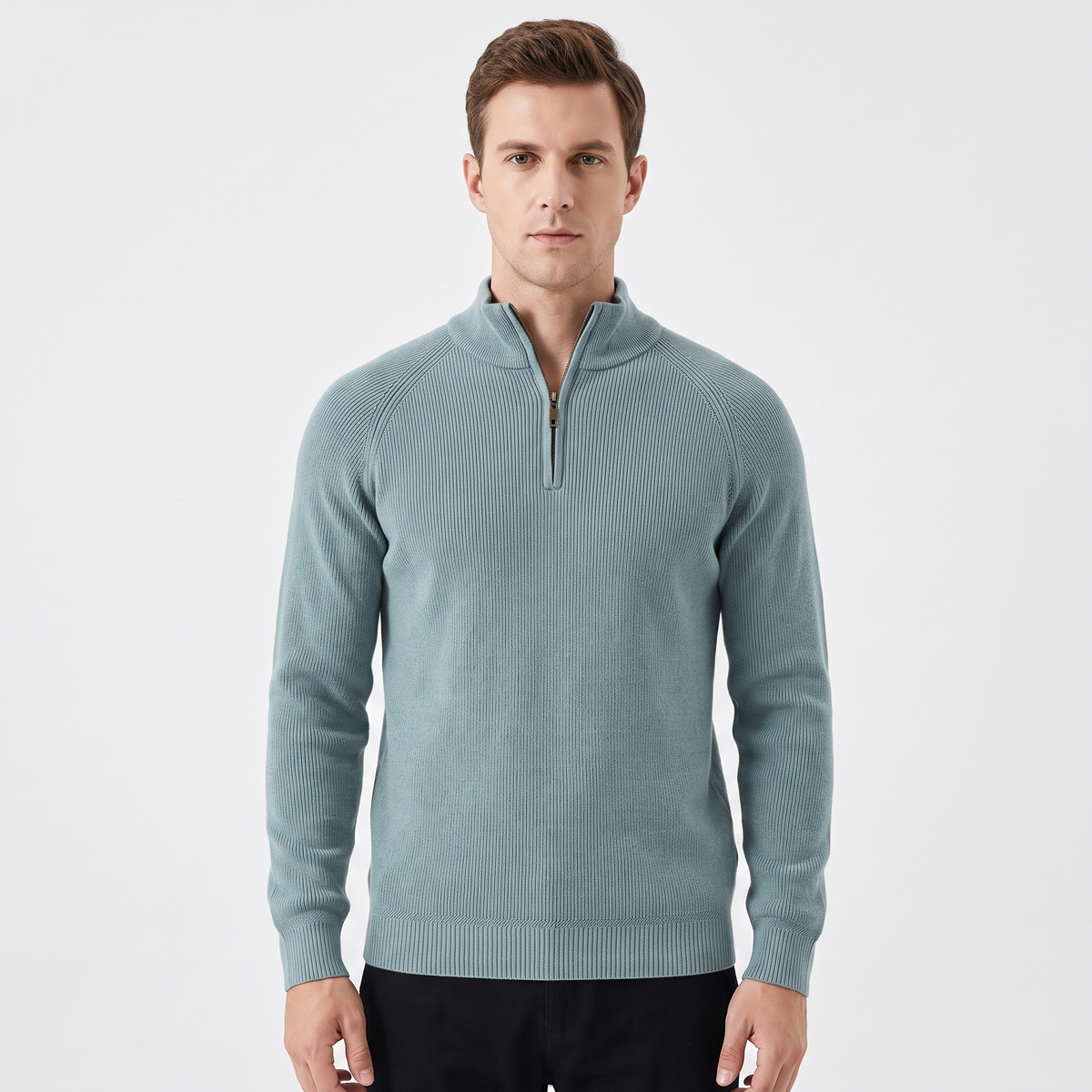 Men's Quarter-Zip Winter Sweater Ribbed Knit Contrast Collar Pullover