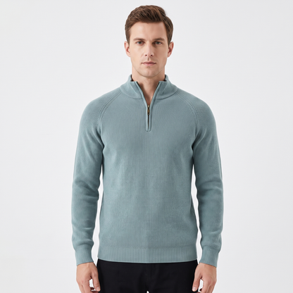 Men's Quarter-Zip Winter Sweater Ribbed Knit Contrast Collar Pullover